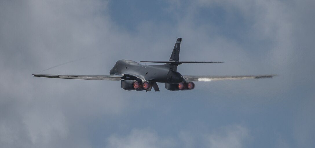 A 9th Expeditionary Bomb Squadron B-1B Lancer takes off at Andersen Air Force Base, Guam, May 4, 2020, to conduct a training mission in the East China Sea. The squadron with approximately 200 Airmen and four B-1Bs deployed to the Pacific for a Bomber Task Force deployment. (U.S. Air Force photo by Senior Airman River Bruce)