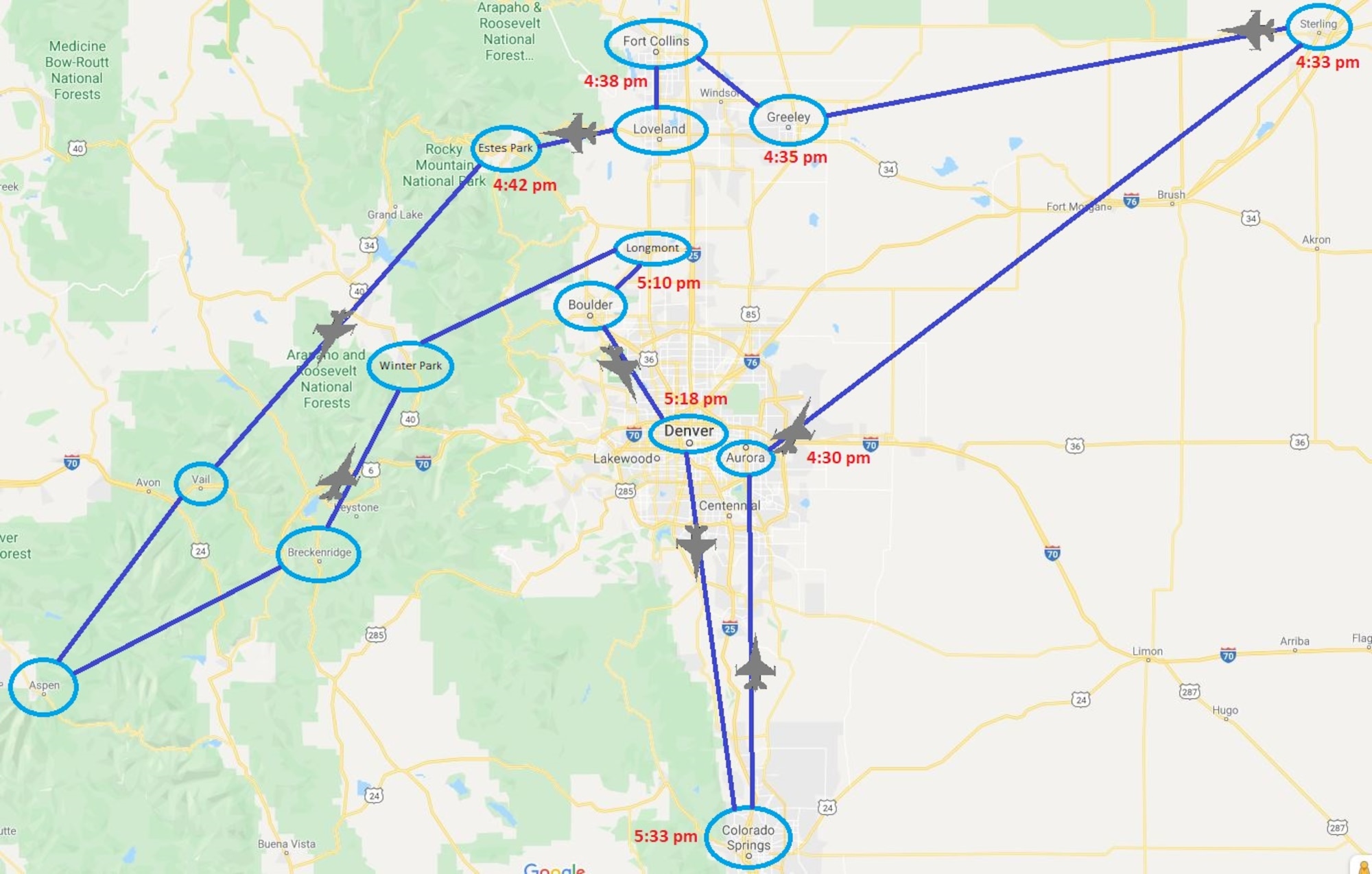 Map of Colorado with flight path