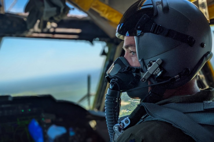 A pilot scans the horizon from a B-52