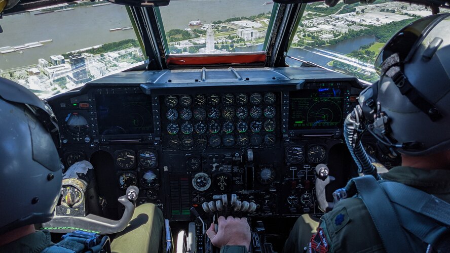The Louisiana State Capitol Building is seen through the windows of a B-52 Stratofortress