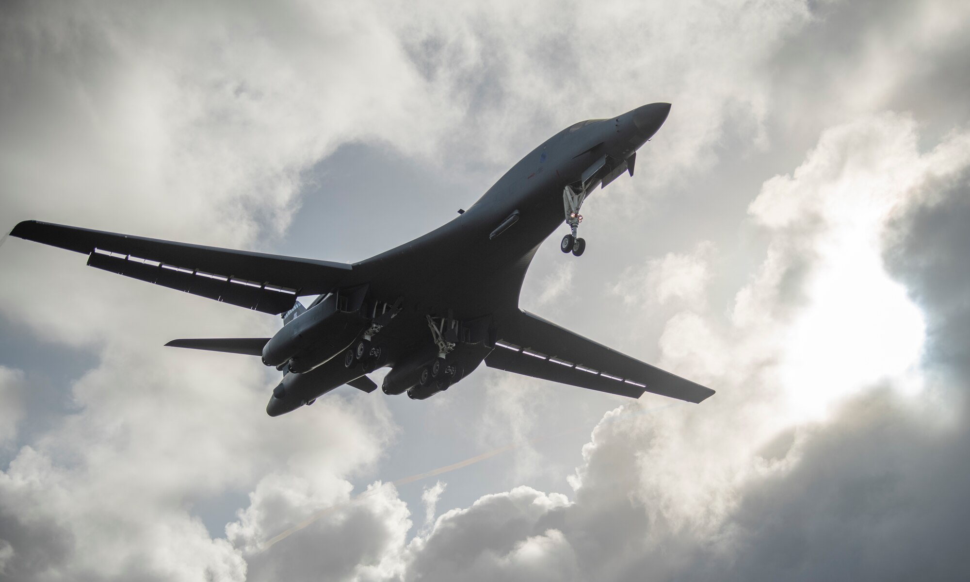 A 9th Expeditionary Bomb Squadron B-1B Lancer lands at Andersen Air Force Base, Guam, May 4, 2020, after completing a training mission in the East China Sea. The squadron is deployed to Guam for a Bomber Task Force deployment. BTFs support the National Defense Strategy objective of being strategically predictable and operationally unpredictable. (U.S. Air Force photo by Senior Airman River Bruce)