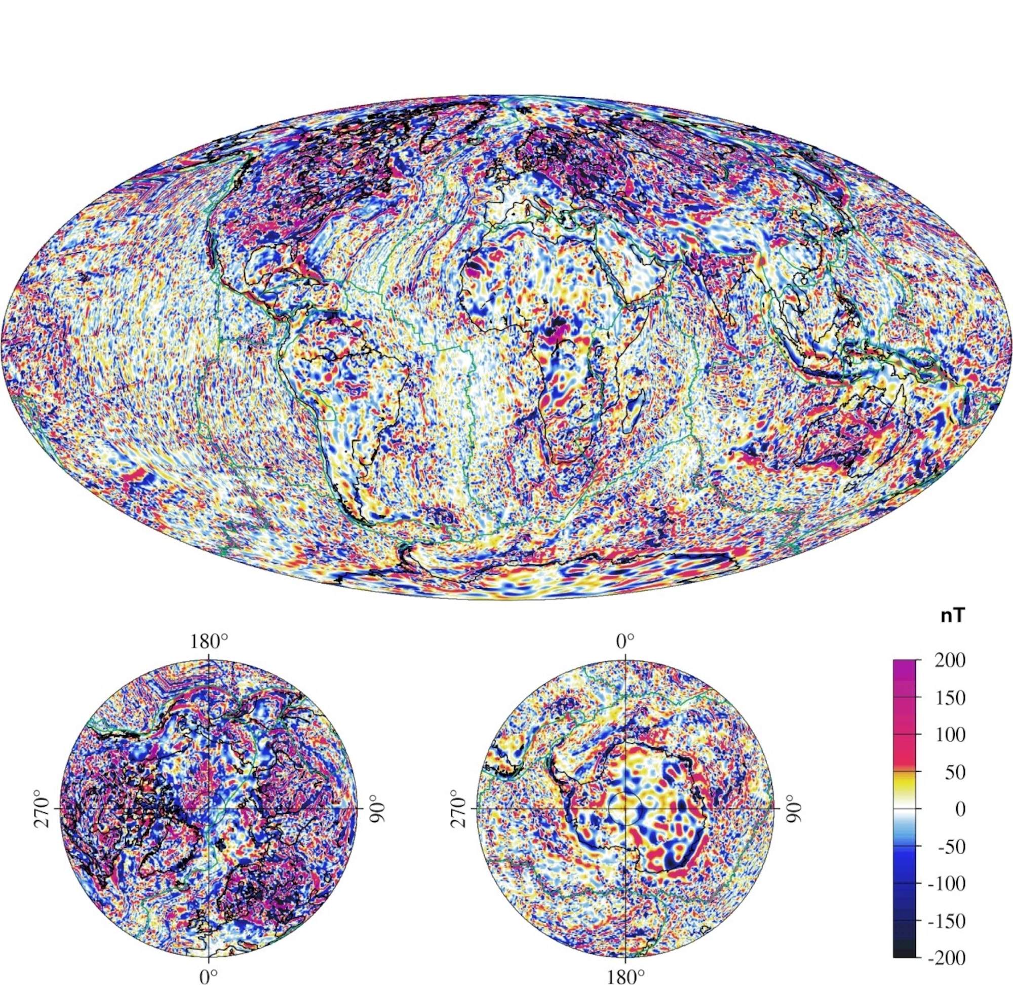 The crustal field, shown here, is weaker than the core field, but is fixed and has features that are useful in non-GPS navigation. The intensity of the fields are measured in nano teslas (nT), shown increasing in strength from blue to red. (Graphic courtesy of NOAA)