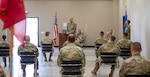 Maj. Gen. Michael Thompson, adjutant general for Oklahoma, addresses Soldiers from Battery B, 1st Battalion, 158th Field Artillery Regiment, 45th Field Artillery Brigade, who are deploying in support of coalition operations in the Central Command (CENTCOM) area of operations. The May 3 ceremony was livestreamed so friends and family could watch remotely due to the threat of spreading COVID-19 to the deploying Soldiers.