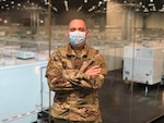 New York Army National Guard Sgt. 1st Class Joseph Maloney at the Javits New York Medical Station in New York, May 3, 2020. Malone is on his third emergency deployment in New York. He responded to the 9/11 attacks and to the response to Superstorm Sandy in 2012.