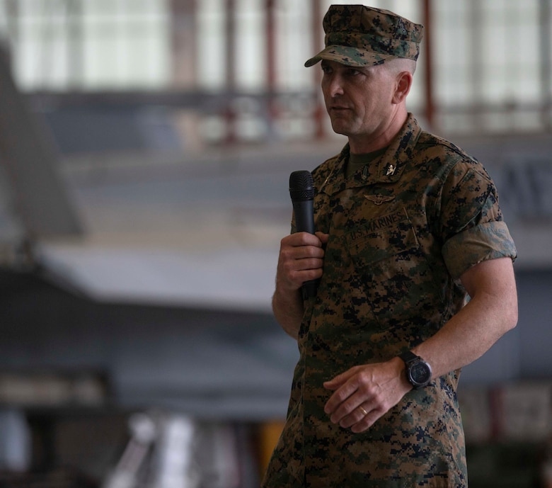 Col. Matthew H. Phares, the commanding officer of Marine Aircraft Group 31, reflects on the many accomplishments that VMFA-251 had while active during a deactivation ceremony for VMFA-251 at Marine Corps Air Station Beaufort, S.C., April 23, 2020. The squadron was active for nearly 80 years, supported various combat operations, and will be stood back up as an F-35C squadron aboard MCAS Cherry Point, N.C. (U.S. Marine Corps photo by Lance Cpl. Aidan Parker)