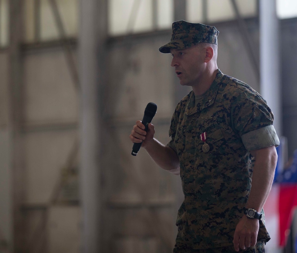 Lt. Col. Roy J. Nicka, the commanding officer of Marine Fighter Attack Squadron 251, gives thanks to Marines and families during the deactivation ceremony for VMFA-251 at Marine Corps Air Station Beaufort, S.C., April 23, 2020. The squadron was active for nearly 80 years, supported various combat operations, and will be stood back up as an F-35C squadron aboard MCAS Cherry Point, N.C. (U.S. Marine Corps photo by Lance Cpl. Aidan Parker)