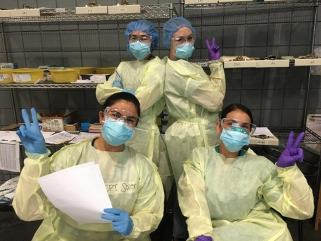 Capt. Milagros Soler (front, left), Capt. Jessica Alarcon (front, right), Sgt. Gabriella Non (back, left), and Spc. Jessica Dupree (back, right) were part of UAMTF 005-1 operating out of the Javits Center, supporting the whole-of-nation effort to defeat COVID-19.