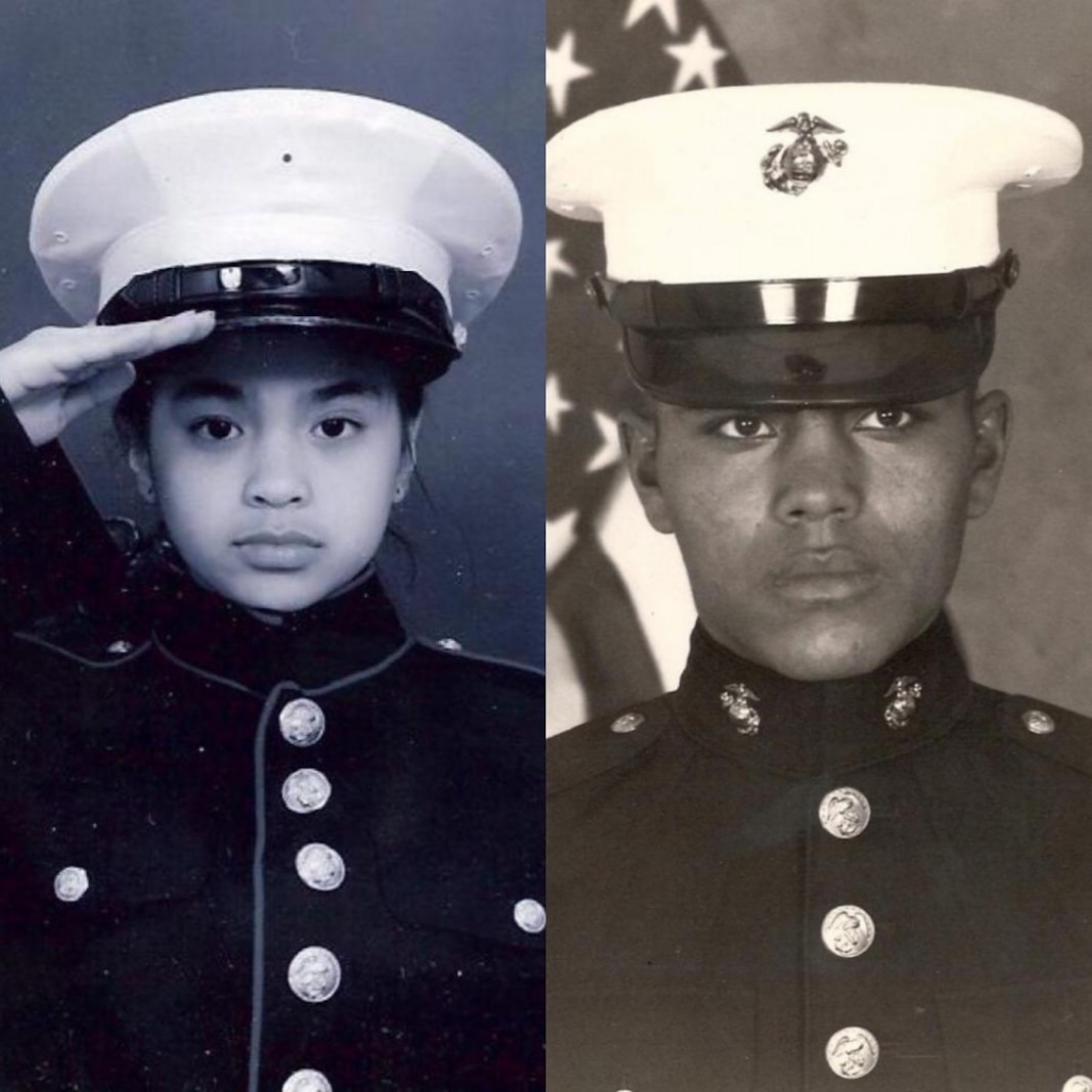 Sgt. Monique Rodriguez (left), Marine Corps recruiter, Recruiting Substation Clearwater, Recruiting Station Tampa, poses for a photo in her father’s dress blue coat. Ramiro Rodriguez (right) poses for a photo during Marine Corps Recruit Training.