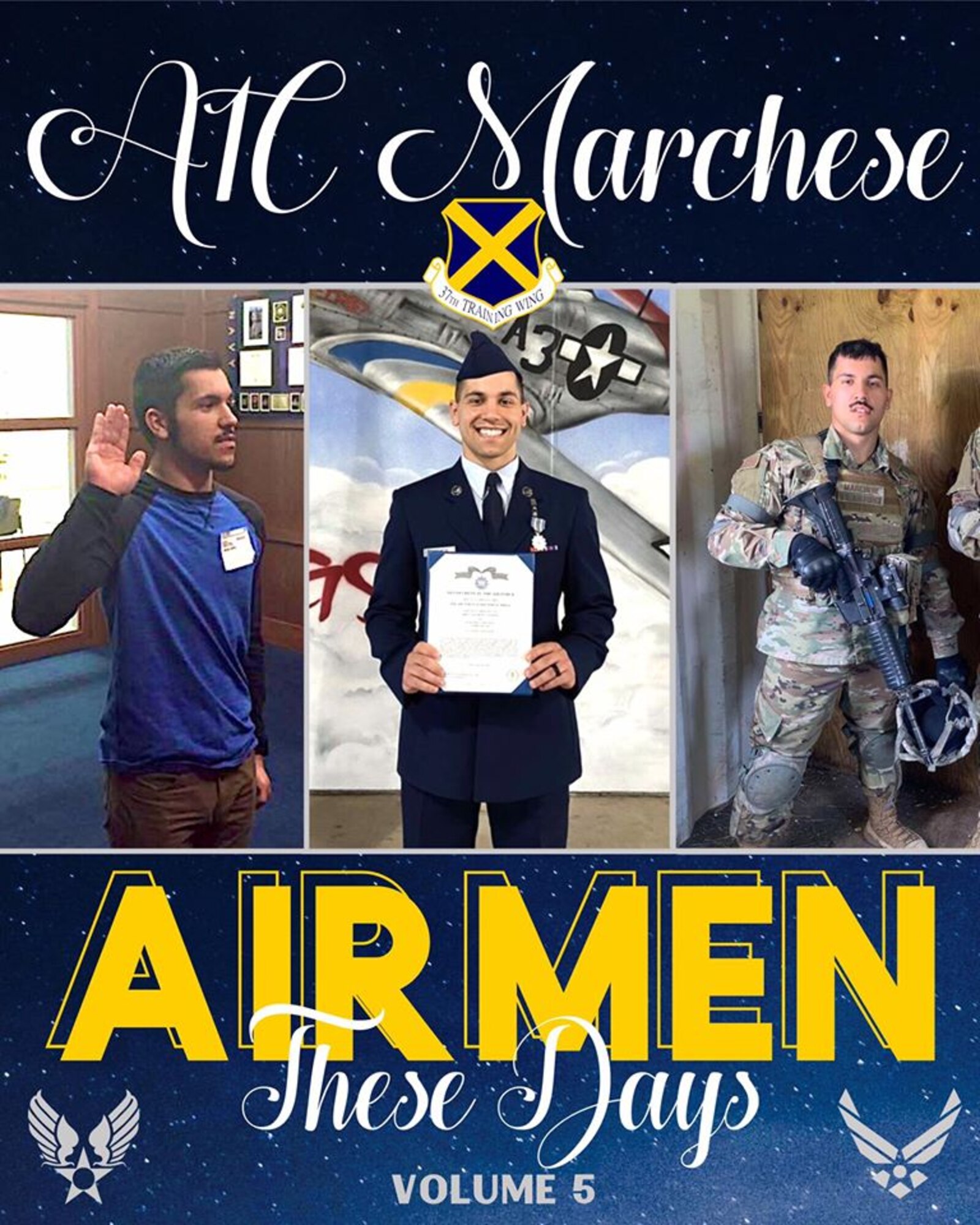 A graphic photo collage of images throughout Airman 1st Class Regino Marchese Air Force journey.