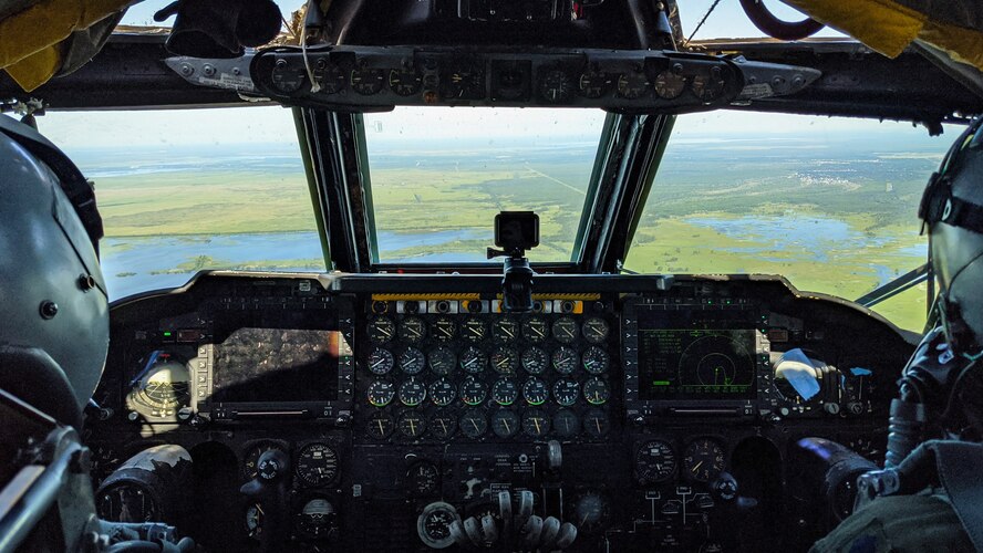 Lt. Col. Michael Green, 343rd Bomb Squadron commander, and Lt. Col. Ryan Decker, 343rd BS director of operations, guide a B-52 Stratofortress over the Louisiana state capitol building in Baton Rouge, May 1, 2020.