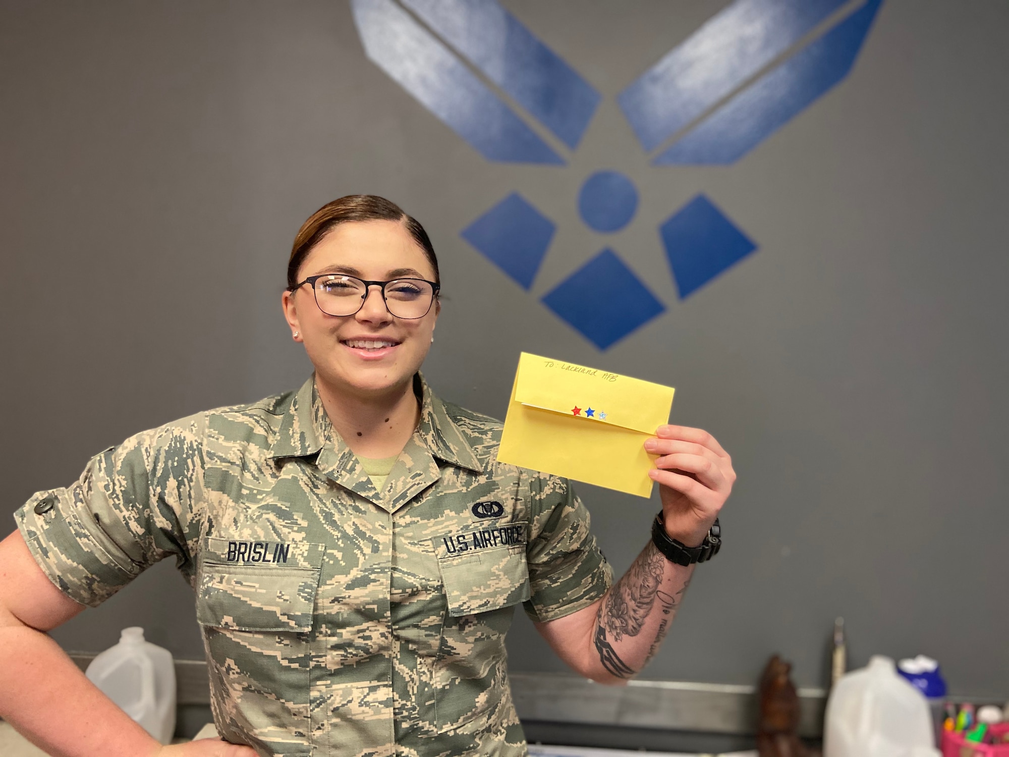 Airman 1st Class Cailey Brislin, 434th Squadron Aviation Resource Management (SARM) at Laughlin Air Force Base, Texas, began the project Letters to Lackland just shy of one year after graduating basic military training herself. Brislin was inspired to write letters to current trainees after finding old letters of support she saved from her time at Lackland, which helped motivate her during the most rigorous parts of training. (U.S. Air Force photo by 2nd Lt. Rachael Parks)