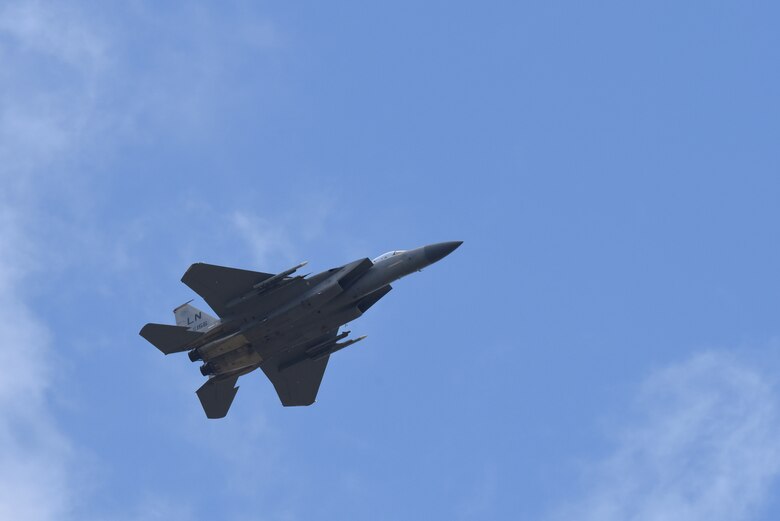 An F-15C Eagle assigned to the 493rd Fighter Squadron flies over Royal Air Force Lakenheath, England, May 5, 2020. The Liberty Wing continues flying operations during the current COVID-19 pandemic as the 48th Fighter Wing remains the center of gravity for combat airpower in Europe and must remain ready to support and defend the NATO alliance. (U.S. Air Force photo by Airman 1st Class Rhonda Smith)