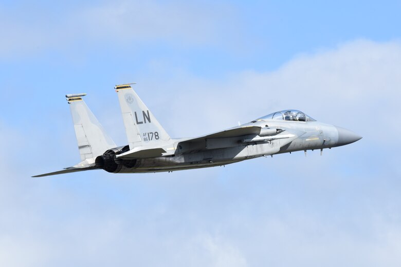 An F-15C Eagle assigned to the 493rd Fighter Squadron takes off from Royal Air Force Lakenheath, England, May 5, 2020. The 48th Fighter Wing continues flying operations to maintain trained and ready combat air forces in order to safeguard U.S. and allied national security interests, despite the current COVID-19 crisis. (U.S. Air Force photo by Airman 1st Class Rhonda Smith)