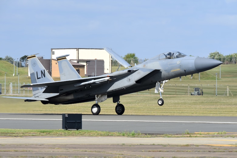 An F-15C Eagle assigned to the 493rd Fighter Squadron lands at Royal Air Force Lakenheath, England, May 5, 2020. Despite the current COVID-19 crisis, it is critical for Liberty Wing aircrew to continue training to meet proficiency and readiness requirements to ensure the 48th Fighter Wing is able to provide worldwide responsive combat airpower and support. (U.S. Air Force photo by Airman 1st Class Rhonda Smith)