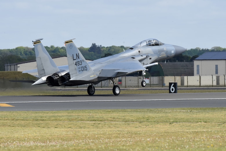 An F-15C Eagle assigned to the 493rd Fighter Squadron lands at Royal Air Force Lakenheath, England, May 5, 2020. Despite the current COVID-19 crisis, it is critical for Liberty Wing aircrew to continue training to meet proficiency and readiness requirements to ensure the 48th Fighter Wing is able to provide worldwide responsive combat airpower and support. (U.S. Air Force photo by Airman 1st Class Rhonda Smith)