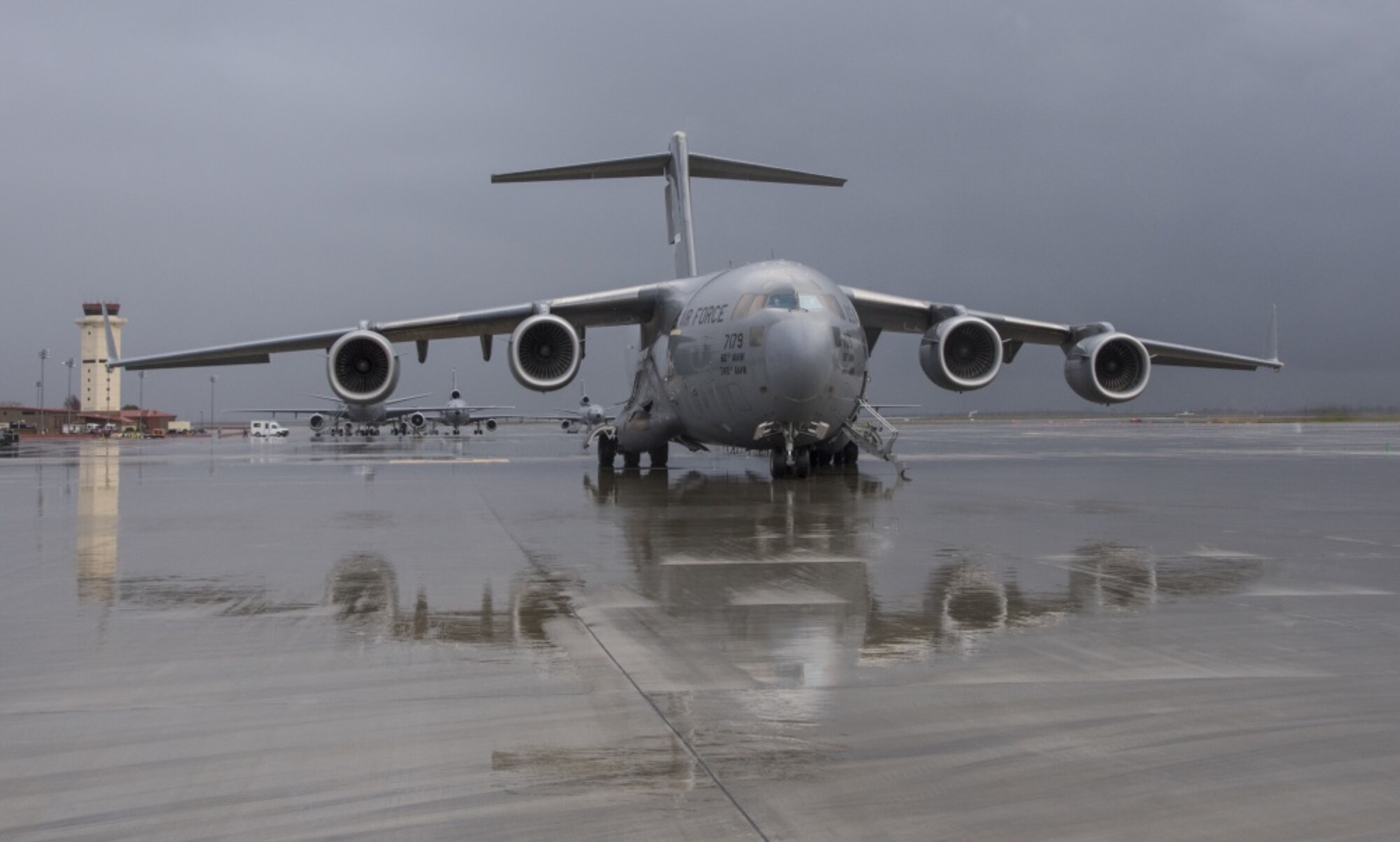A C-17 Globemaster III parked on the ramp at Travis Air Force Base, Calif.