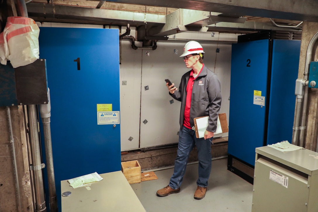 Brian Adkins, electrical engineer, U.S. Army Corps of Engineers – Omaha District, documents the elevator controls during a site assessment of a building in Omaha, Neb., the state is considering turning into an alternate care facility in the battle against the COVID-19 pandemic. When requested by states and/or territories and funded by FEMA, USACE is conducting site assessments for potential alternate care facilities. A site assessment does not guarantee construction at that site.
