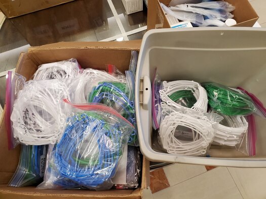 500 3D printed face masks are bundled together for delivery to the Bexar County Medical Society April 15. The masks were distributed among healthcare workers across Bexar County and the San Antonio Military Health System.   (Courtesy Photo)