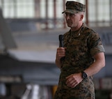 Col. Matthew H. Phares, the commanding officer of Marine Aircraft Group 31, reflects on the many accomplishments that VMFA-251 had while active during a deactivation ceremony for VMFA-251 at Marine Corps Air Station Beaufort, S.C., April 23, 2020. The squadron was active for nearly 80 years, supported various combat operations, and will be stood back up as an F-35C squadron aboard MCAS Cherry Point, N.C. (U.S. Marine Corps photo by Lance Cpl. Aidan Parker)