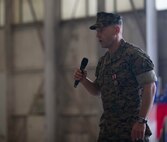 Lt. Col. Roy J. Nicka, the commanding officer of Marine Fighter Attack Squadron 251, gives thanks to Marines and families during the deactivation ceremony for VMFA-251 at Marine Corps Air Station Beaufort, S.C., April 23, 2020. The squadron was active for nearly 80 years, supported various combat operations, and will be stood back up as an F-35C squadron aboard MCAS Cherry Point, N.C. (U.S. Marine Corps photo by Lance Cpl. Aidan Parker)