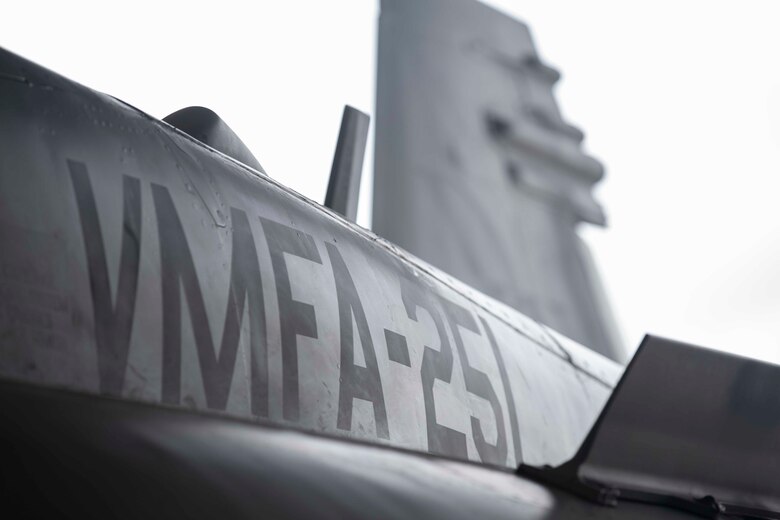 An F/A-18 Hornet assigned to Marine Fighter Attack Squadron 251, Marine Corps Air Station Beaufort, S.C., is positioned in their hangar during a deactivation ceremony for VMFA-251, April 23, 2020. In the future, the Thunderbolts will transition to the F-35C and relocate aboard MCAS Cherry Point, N.C. (U.S. Marine Corps photo by Lance Cpl. Aidan Parker)