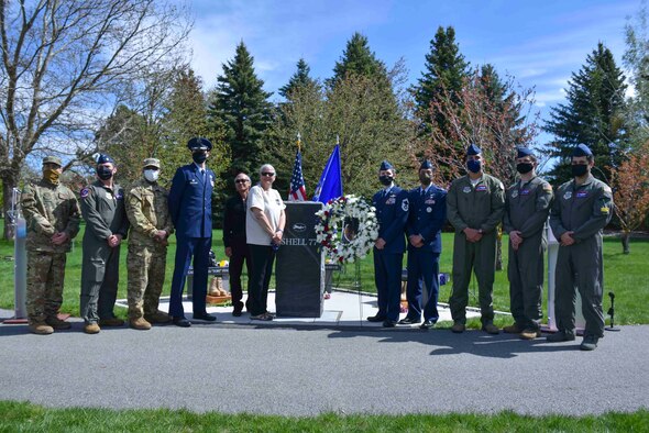 Lawrence and Michelle Castro, Capt. Victoria Pinckney’s parents, pose for a photo with 93rd Air Refueling Squadron Airmen, May 4, 2020, on Fairchild Air Force Base, Wash.
