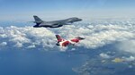 A B-1B Lancer flies with a Danish F-16 during a training mission for Bomber Task Force Europe, May 5, 2020. Aircrews from the 28th Bomb Wing at Ellsworth Air Force Base, South Dakota, took off on their long-range, long-duration Bomber Task Force mission to conduct interoperability training with Danish fighter aircraft and Estonian joint terminal attack controllers ground teams. Training with our NATO allies and theater partner nations contribute to enhanced resiliency and interoperability and enables us to build enduring relationships necessary to confront the broad range of global challenges.