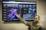 U.S. Army Chief Warrant Officer 2 Timothy Jardinico works in the New Jersey National Guard’s Joint Operations Center in the Homeland Security Center of Excellence, Lawrenceville, N.J., April 22, 2020. New Jersey Soldiers and Airmen, as well as active duty Air Force and Coast Guard members and civilians from U.S. Northern Command are working together in the center to support the state’s response efforts to COVID-19.