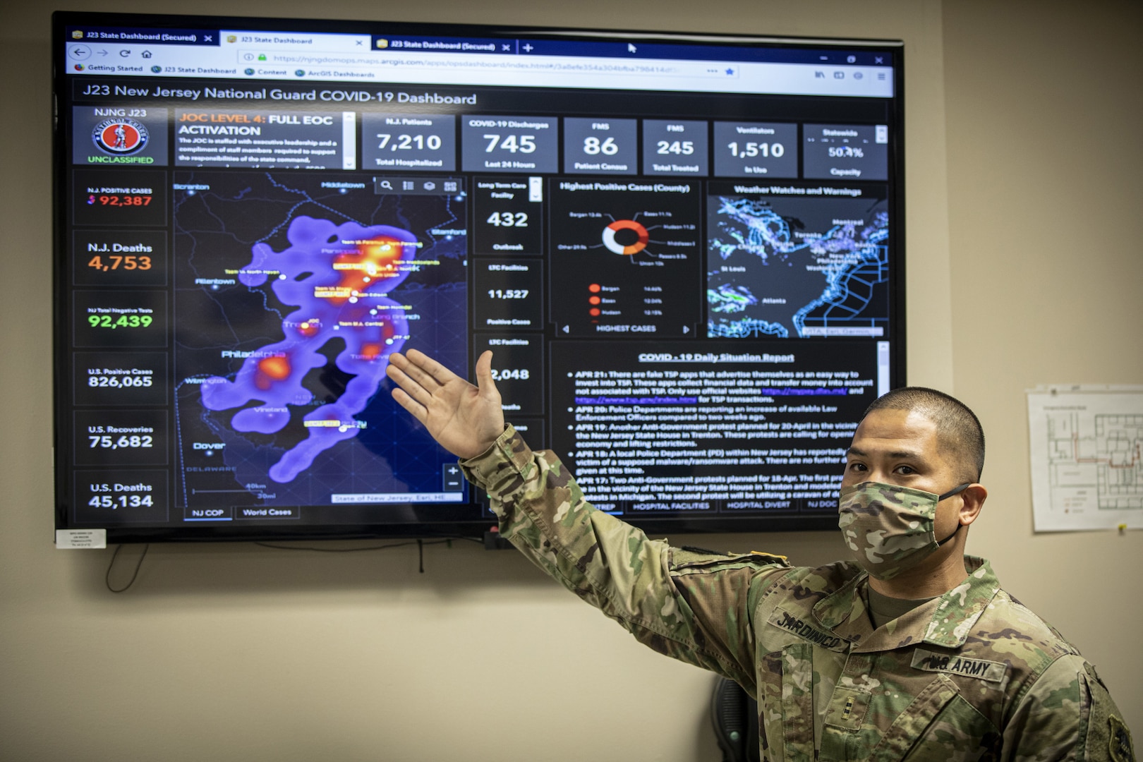 U.S. Army Chief Warrant Officer 2 Timothy Jardinico works in the New Jersey National Guard’s Joint Operations Center in the Homeland Security Center of Excellence, Lawrenceville, N.J., April 22, 2020. New Jersey Soldiers and Airmen, as well as active duty Air Force and Coast Guard members and civilians from U.S. Northern Command are working together in the center to support the state’s response efforts to COVID-19.