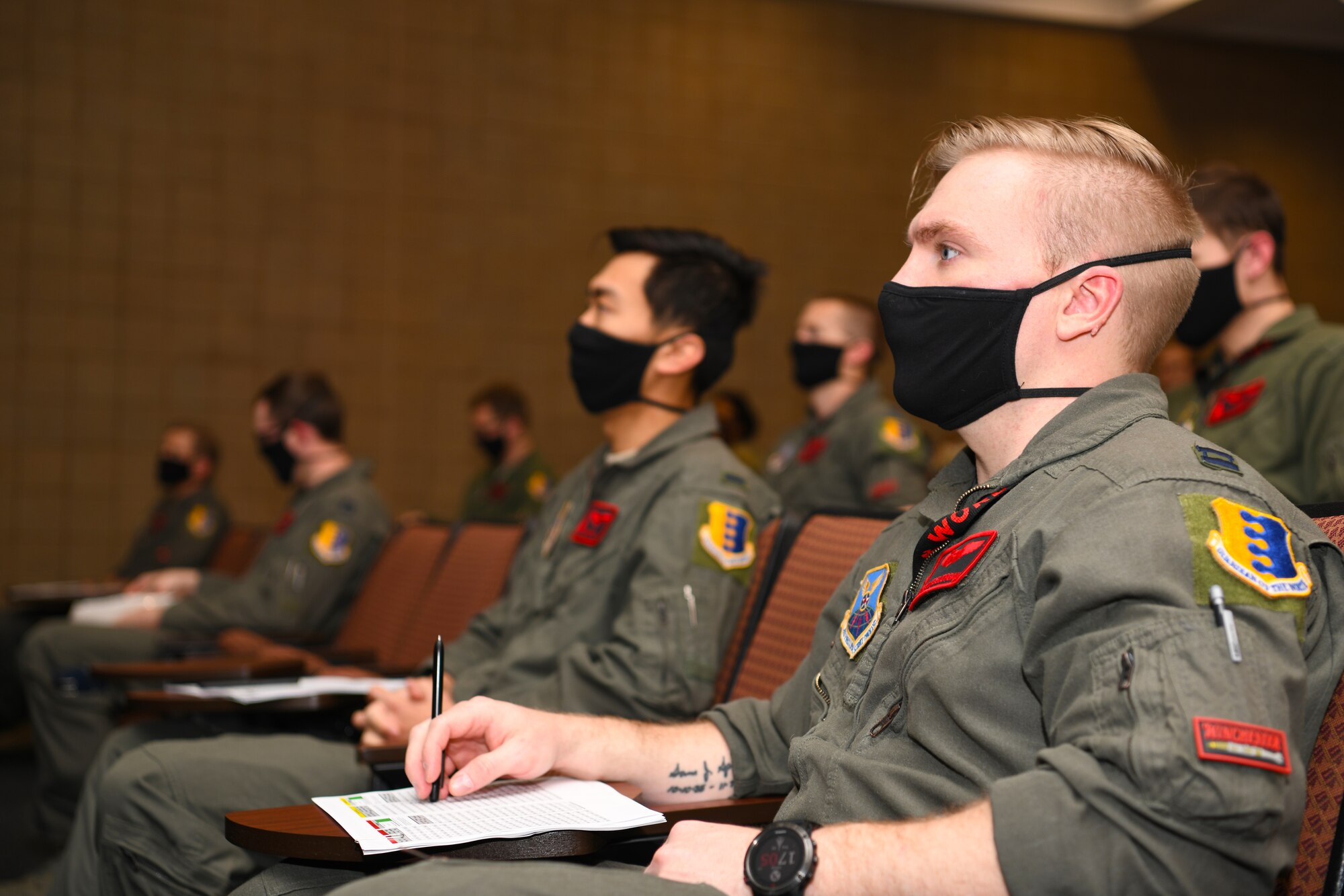 A 34th Bomb Squadron aviator attends a mission planning brief for a non-stop deployment from Ellsworth Air Force Base, S.D., to the U.S. European Command area of responsibility May 3, 2020. The U.S. maintains the capability, readiness, and will to defend interests globally, and will work closely with allies and partners to quickly and decisively respond to threats and malign activity. (U.S. Air Force photo by Senior Airman Nicolas Z. Erwin)