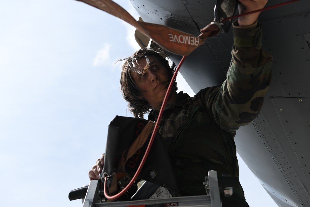 An Airman assigned to the 28th Aircraft Maintenance Unit inspects a B-1B Lancer prior to a non-stop deployment from Ellsworth Air Force Base, S.D., May 4, 2020. Bomber missions demonstrate the credibility of U.S. forces to address a global security environment that is more diverse and uncertain than at any other time in history. (U.S. Air Force photo by Senior Airman Nicolas Z. Erwin)