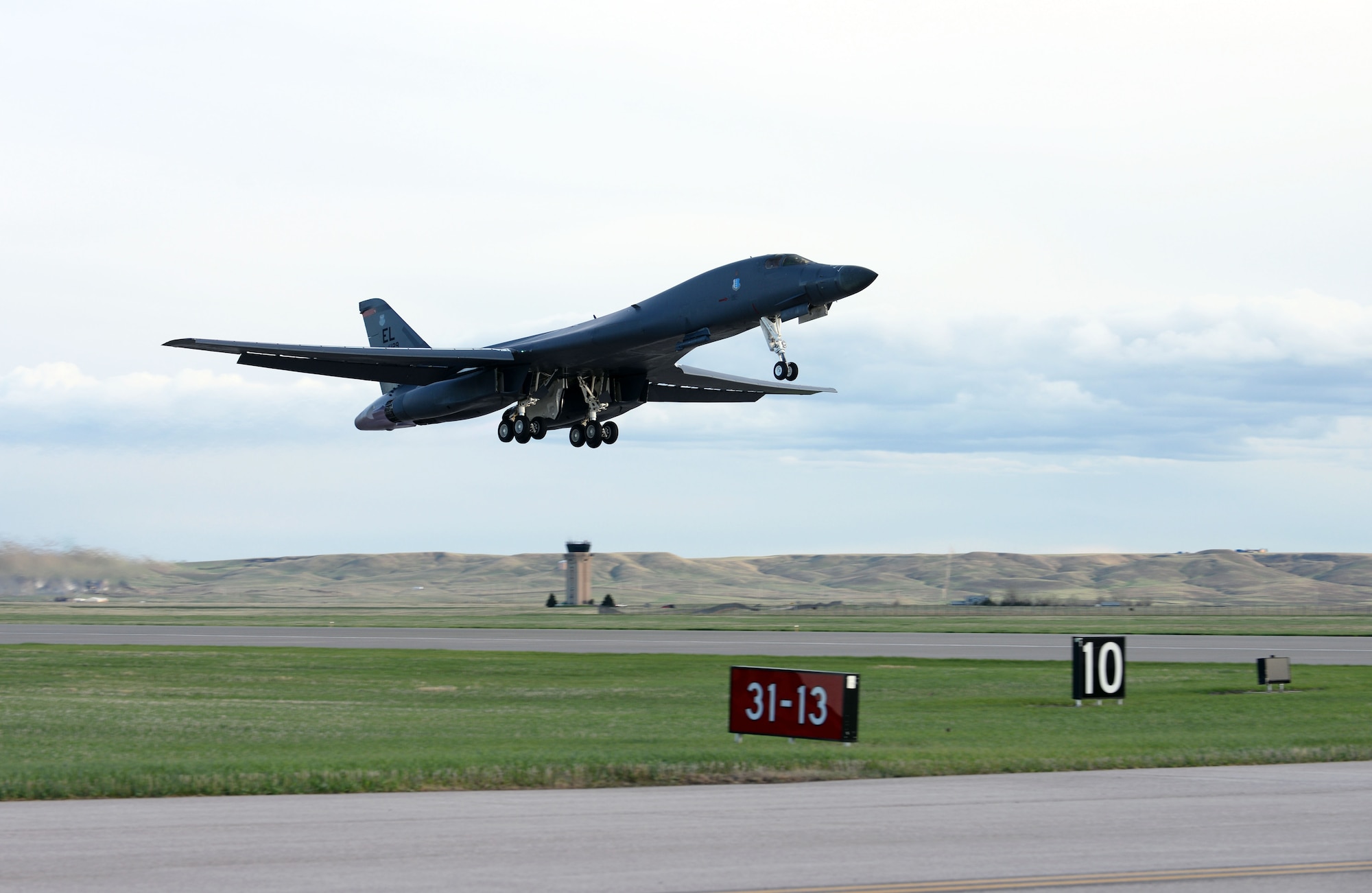 A B-1B Lancer launches for a non-stop deployment from Ellsworth Air Force Base, S.D., May 4, 2020. U.S. Strategic Command first conducted these missions in 2014 as demonstrations of U.S. commitment to collective security.  (U.S. Air Force photo by Airman Quentin Marx)