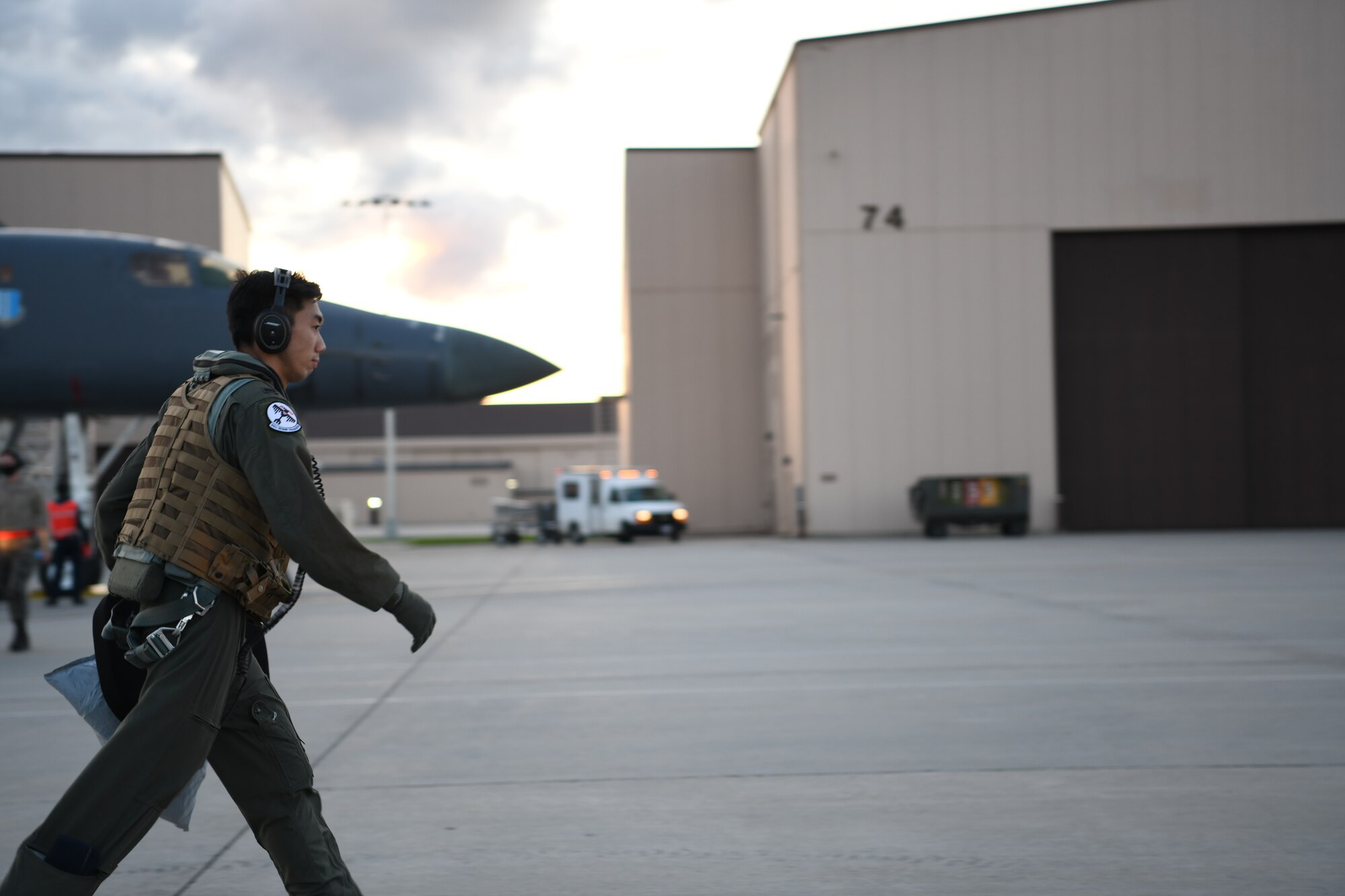 An aviator assigned to the 34th Bomb Squadron, Ellsworth Air Force Base, S.D., heads to the squadron following a more than 25-hour non-stop mission May 5, 2020. Bomber deployments and operations enhance the readiness and training necessary to respond to any contingency or challenge across the globe. (U.S. Air Force photo by Senior Airman Nicolas Z. Erwin)