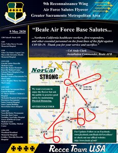 The Recce Town T-38s and 9th Reconnaissance Wing will be performing a formation flyover throughout Northern California, Saturday, 09 May, beginning at 12 p.m., in salute to everyone on the frontlines in the fight against COVID-19, as well as those staying at home to “flatten the curve” of the virus.
