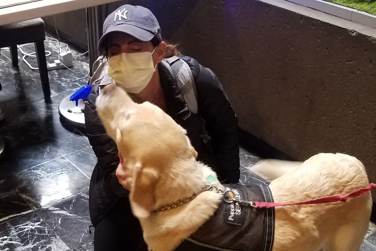 A nurse petting a service dog.