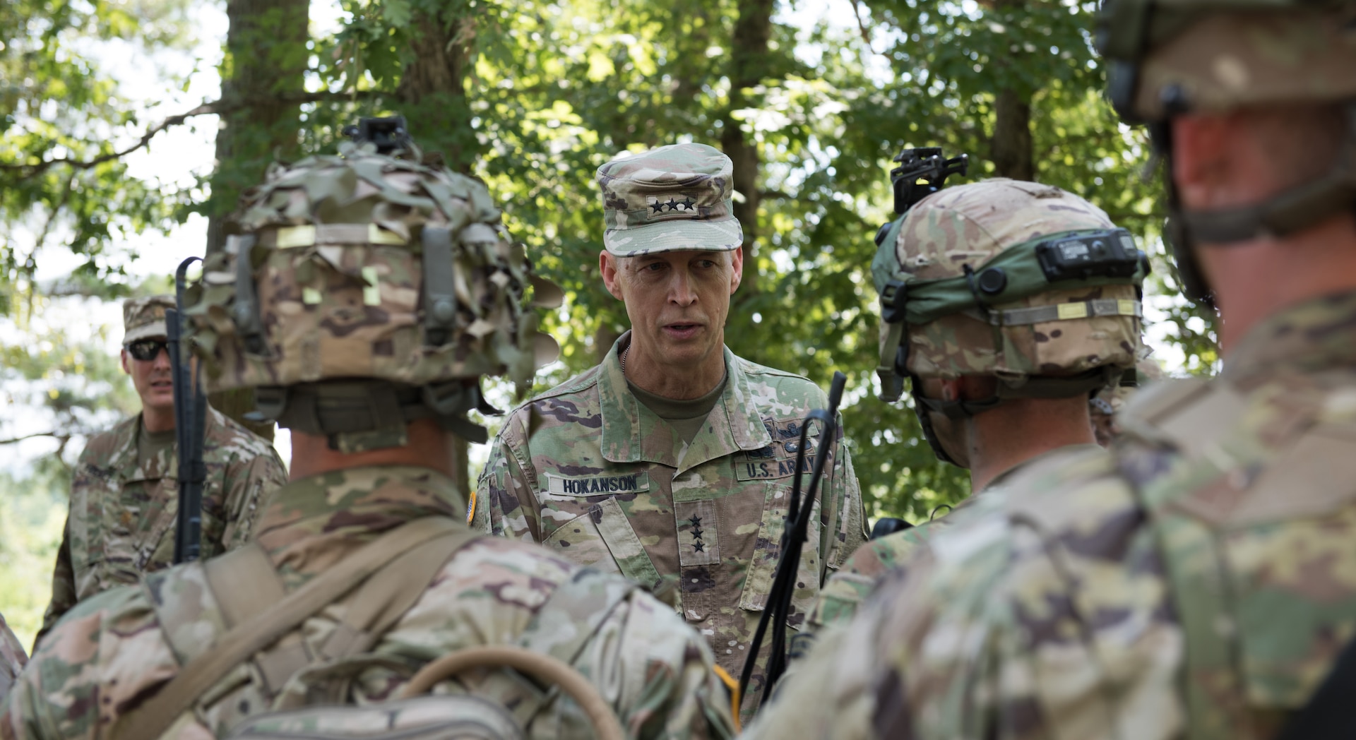 Lt. Gen. Daniel Hokanson, nominated May 4, 2020, to be the next chief of the National Guard Bureau, accompanies Gen. James C. McConville, vice chief of staff of the Army, to Fort Pickett, Virginia, July 19, 2019, to see Soldiers of the Virginia National Guard’s 116th IBCT training in preparation for their Joint Readiness Training Center rotation.