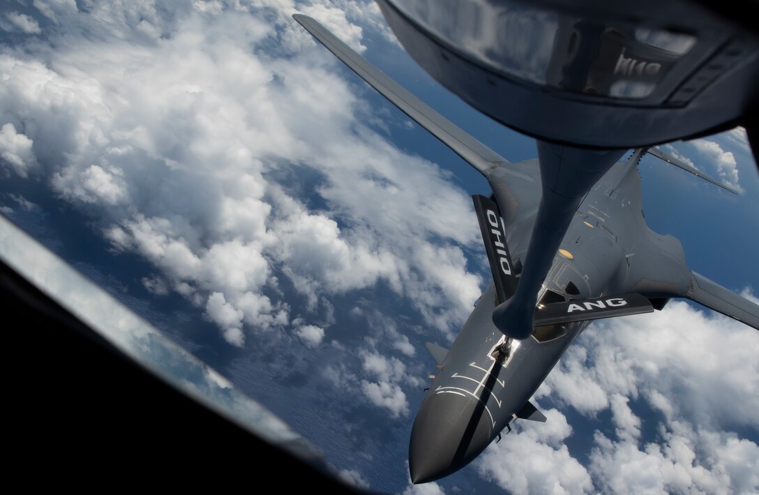 A 9th Expeditionary Bomb Squadron B-1B Lancer is refueled by an Ohio Air National Guard KC-135 Stratotanker from the 166th Aerial Refueling Squadron over the East China Sea May 6, 2020, during training mission. The 9th EBS is deployed to Andersen Air Force Base, Guam, as part of a Bomber Task Force supporting Pacific Air Forces’ strategic deterrence missions and  commitment to the security and stability of the Indo-Pacific region. (U.S. Air Force photo by Senior Airman River Bruce)