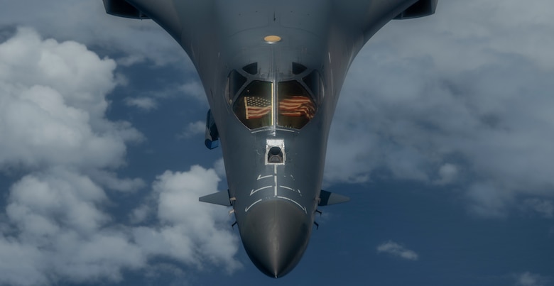 A 9th Expeditionary Bomb Squadron B-1B Lancer flies over the East China Sea May 6, 2020, during a training mission. The 9th EBS is deployed to Andersen Air Force Base, Guam, as part of a Bomber Task Force supporting Pacific Air Forces’ strategic deterrence missions and  commitment to the security and stability of the Indo-Pacific region. (U.S. Air Force photo by Senior Airman River Bruce)