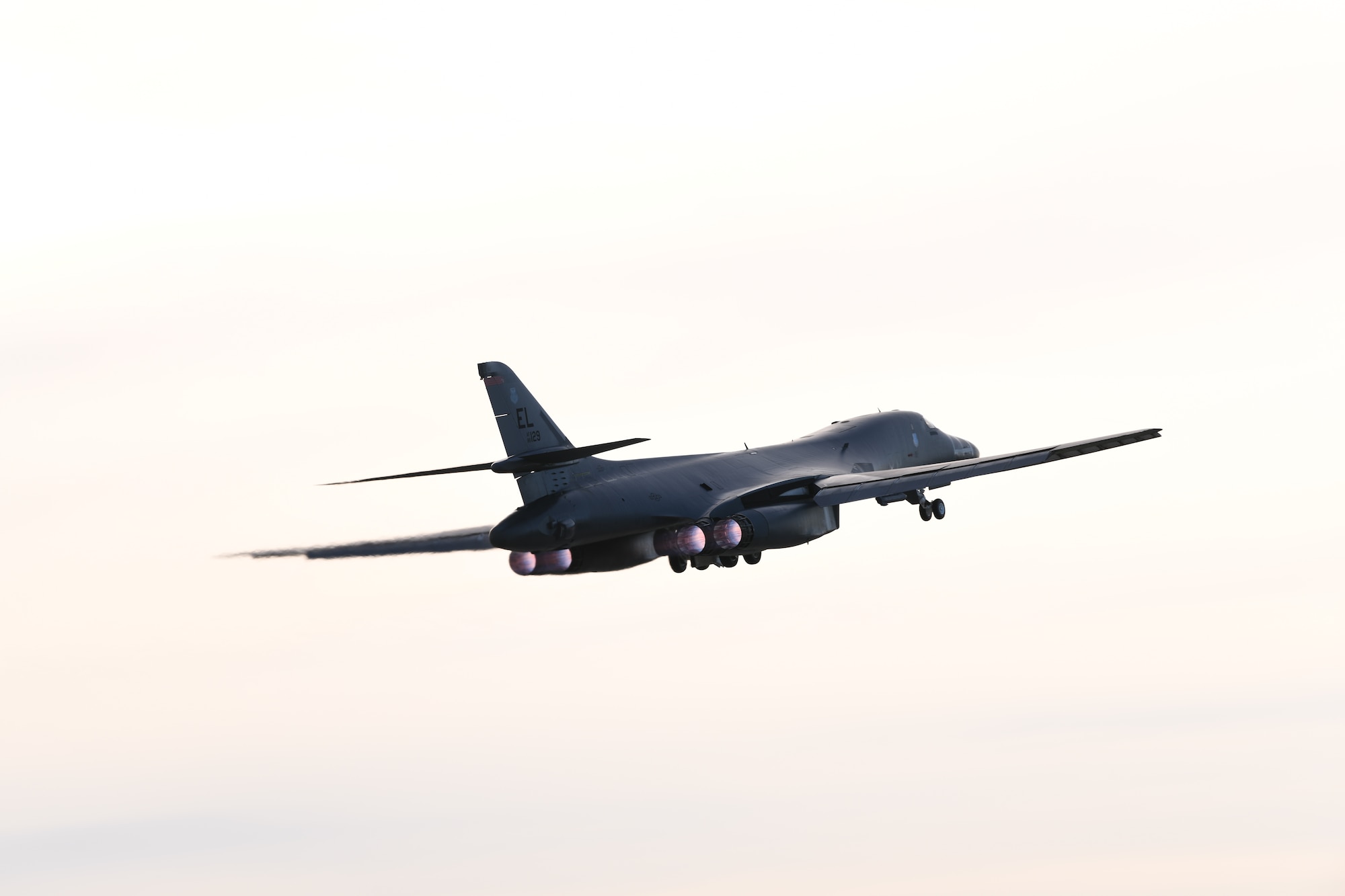 A B-1B Lancer launches for a non-stop deployment from Ellsworth Air Force Base, S.D., to the U.S. European Command area of responsibility May 4, 2020. U.S. Strategic Command first conducted these missions in 2014 as demonstrations of the United States’ commitment to collective security.  (U.S. Air Force photo by Senior Airman Nicolas Z. Erwin)