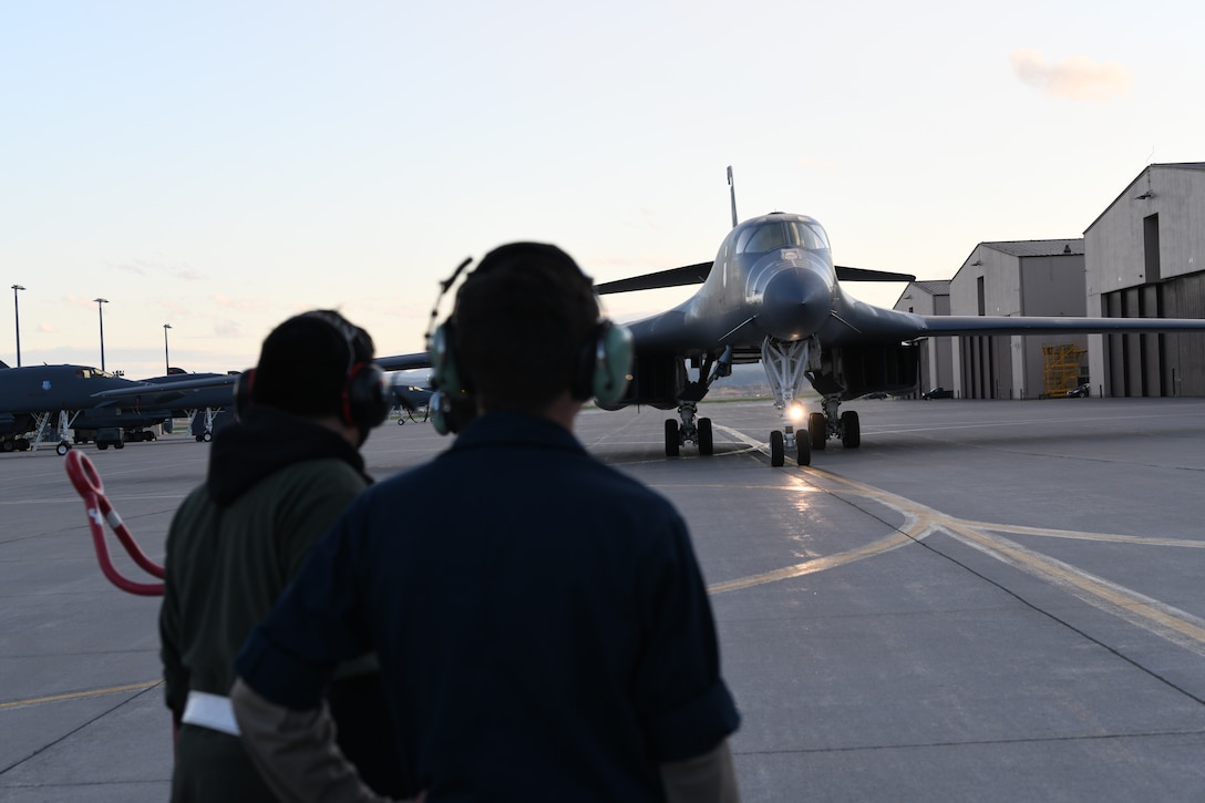 A B-1B Lancer taxis on the flightline at Ellsworth Air Force Base, S.D., after returning from a more than 25-hour non-stop deployment to the Baltic Sea May 5, 2020. Evaluating readiness and forward positioning bombers ensures the Department of Defense can maintain operational and support capabilities to meet U.S. security obligations. (U.S. Air Force photo by Senior Airman Nicolas Z. Erwin)