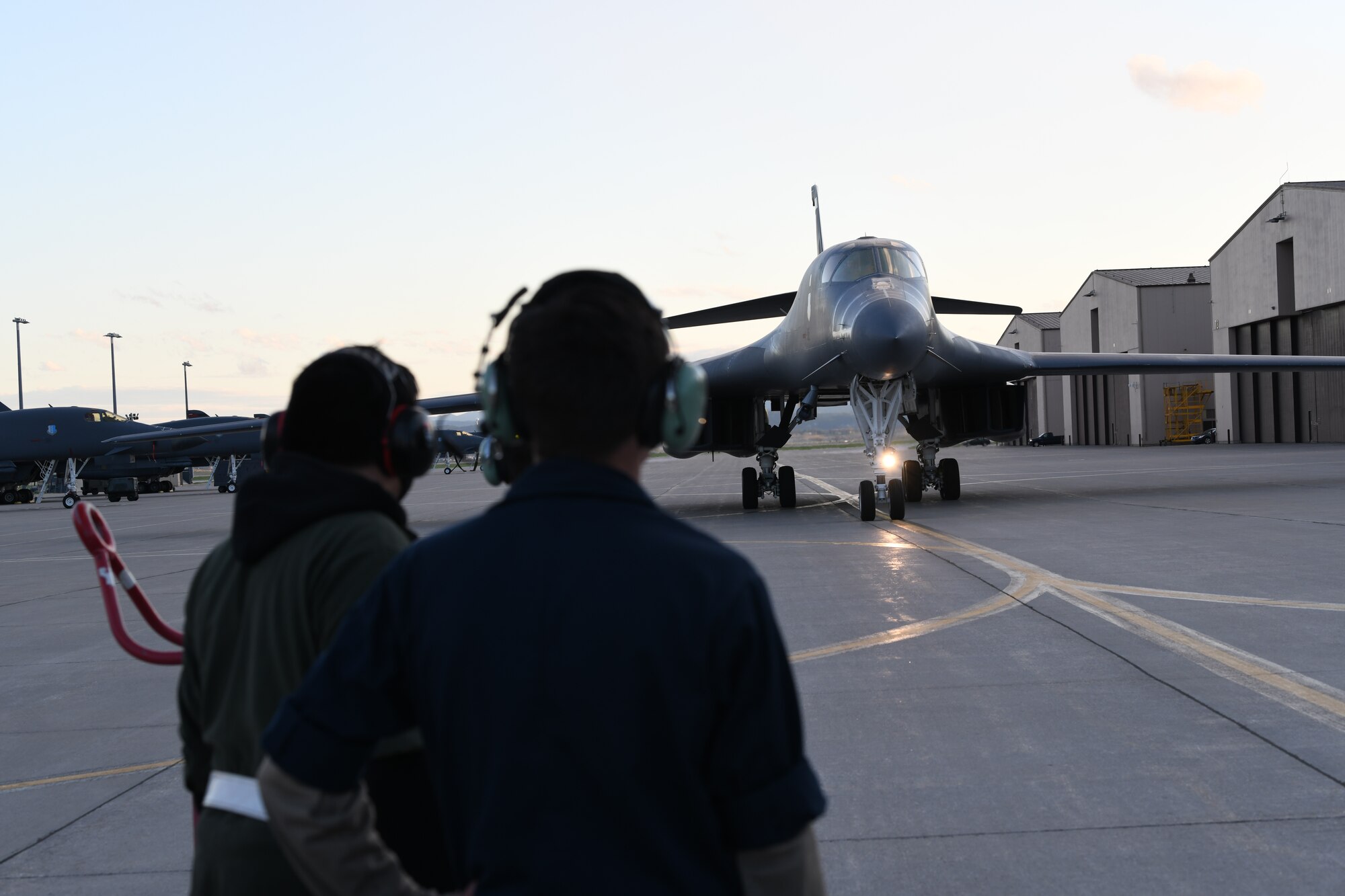 A B-1B Lancer taxis on the flightline at Ellsworth Air Force Base, S.D., after returning from a more than 25-hour non-stop deployment to the Baltic Sea May 5, 2020. Evaluating readiness and forward positioning bombers ensures the Department of Defense can maintain operational and support capabilities to meet U.S. security obligations. (U.S. Air Force photo by Senior Airman Nicolas Z. Erwin)