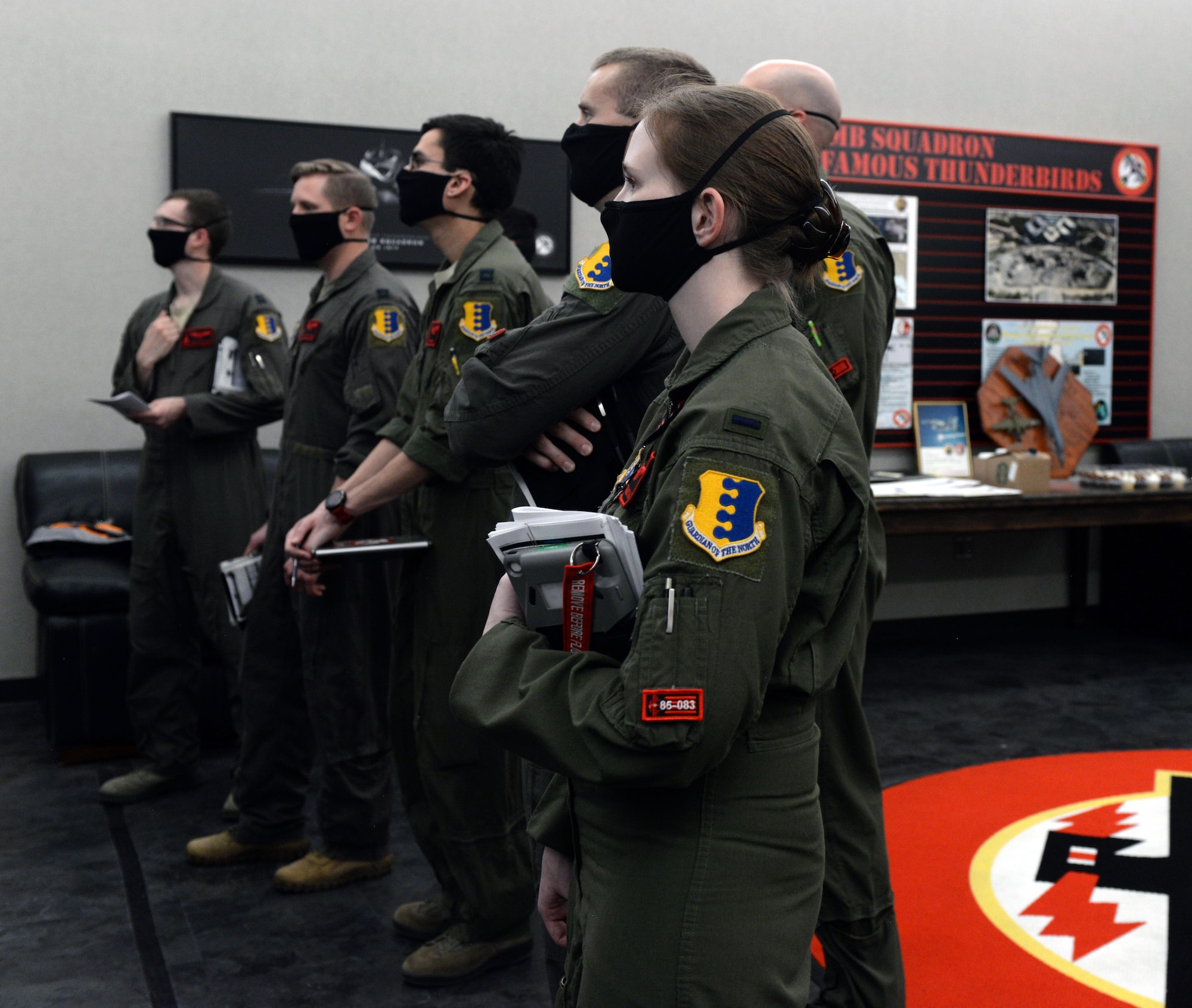 Aircrew from the 34th Bomb Squadron attend a step brief for a non-stop deployment from Ellsworth Air Force Base, S.D., May 4, 2020.  U.S. Strategic Command Bomber Task Force operations provide opportunities to work and train with U.S. allies and partners, and strengthen capabilities by familiarizing aircrew with airbases and operations in different parts of the globe. (U.S. Air Force photo by Airman Quentin Marx)