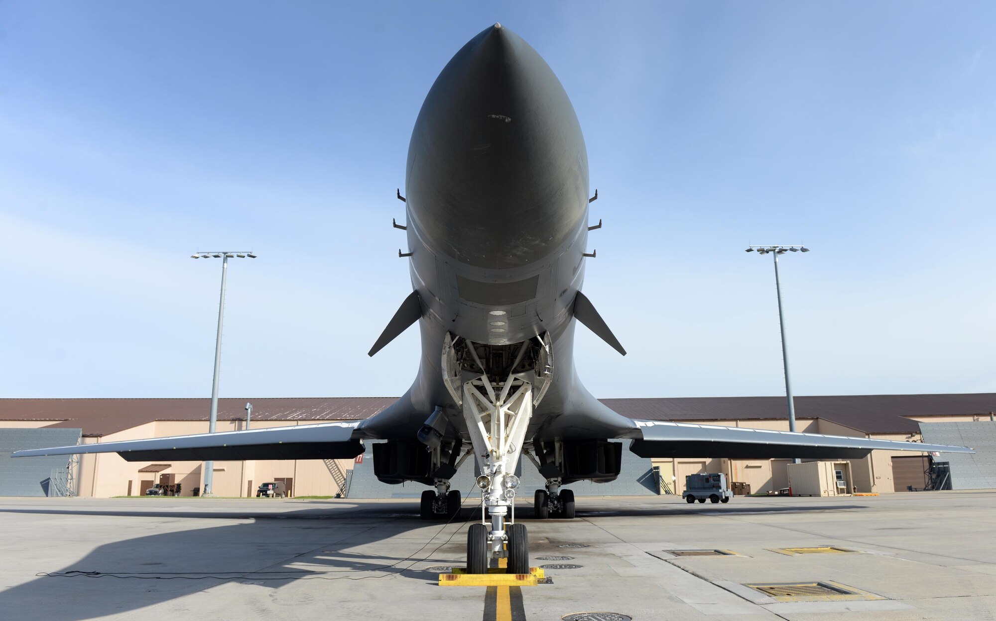 A B-1B Lancer sits on the flightline prior to a non-stop deployment from Ellsworth Air Force Base, S.D., May 4, 2020. These flights are not in direct response to specific actions taken by any nation. Alongside other military operations and exercises in the region, Bomber Task Force missions enable crews to remain ready to respond with lethal capability to any potential crisis or challenge across the globe. (U.S. Air Force photo by Airman Quentin Marx)