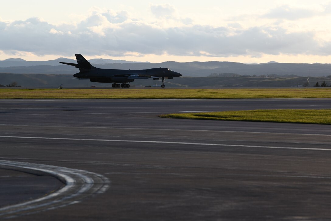 A B-1B Lancer assigned to Ellsworth Air Force Base, S.D., returns from a more than 25-hour non-stop deployment to the Baltic Sea, May 5, 2020. The mission is not in direct response to specific actions taken by any nation, but rather supported allies and partners in preserving regional security and stability all while improving effectiveness and interoperability. (U.S. Air Force photo by Senior Airman Nicolas Z. Erwin)