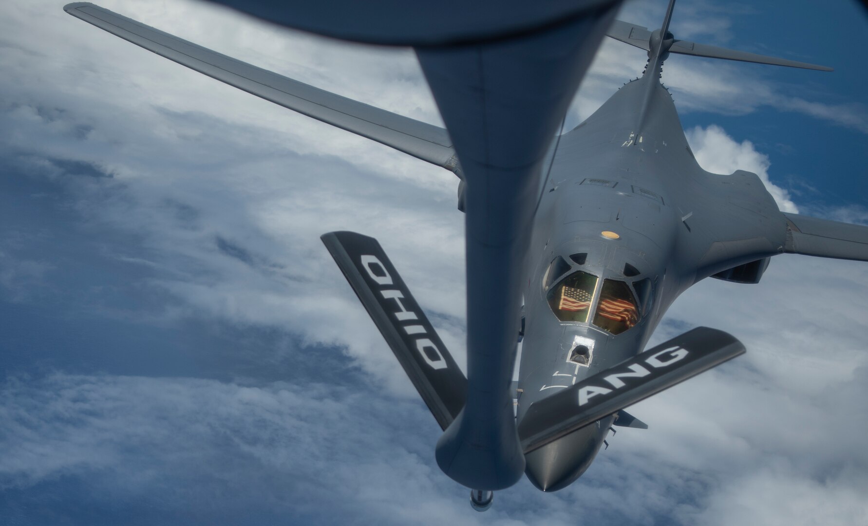A 9th Expeditionary Bomb Squadron B-1B Lancer is refueled by an Ohio Air National Guard KC-135 Stratotanker from the 166th Aerial Refueling Squadron over the East China Sea May 6, 2020, during a training mission. The 9th EBS is deployed to Andersen Air Force Base, Guam, as part of a Bomber Task Force supporting Pacific Air Forces’ strategic deterrence missions and  commitment to the security and stability of the Indo-Pacific region. (U.S. Air Force photo by Senior Airman River Bruce)