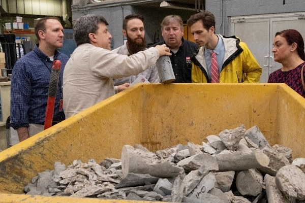 Louisville District Geologist David Robison, far left, toured the Geotechnical and Structures Laboratory’s Concrete Materials Lab on the Vicksburg, Miss., campus of the U.S. Army Engineer Research and Development Center. He will work with a GSL mentor during his six-month ERDC University session. Robison was joined by his fellow ERDC-U selectees on four laboratory tours on the 700-acre campus during kickoff week activities the first week of March.