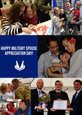 A graphic displaying a number of photos celebrating military spouses in the Kaiserslautern Military Community.
