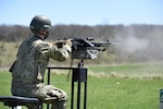 Michigan Army National Guard Soldiers from the 3rd Battalion, 238th General Support Aviation Regiment, conduct M240 machine gun familiarization fire, using a Black Hawk crew chief door-gunnery simulator, Fort Custer Training Center, Augusta, Michigan, May 1, 2020.