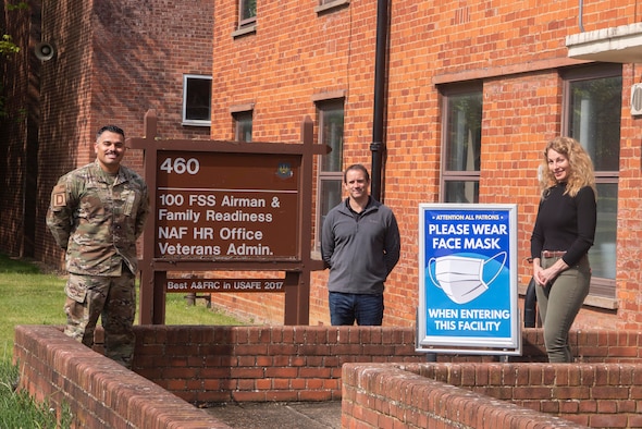 Team members of the 100th Force Support Squadron Airman and Family Readiness Center pose for a photo at RAF Mildenhall, England, May 4, 2020. The helping agency has operated continuously throughout the COVID-19 lockdown and is flexible in the communication pathways in which it delivers its support.  (U.S. Air Force photo by Airman 1st Class Joseph Barron)
