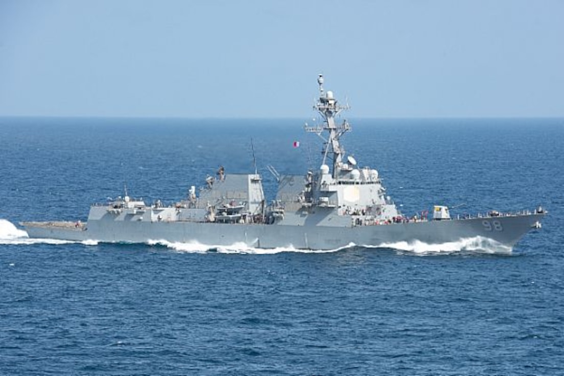 The guided-missile destroyer USS Forrest Sherman (DDG 98) transits the Arabian Sea, March 28, 2020. The Harry S. Truman Carrier Strike Group is deployed to the U.S. 5th Fleet area of operations in support of naval operations to ensure maritime stability and security in the Central Region, connecting the Mediterranean Sea and the Pacific Ocean through the western Indian Ocean and three strategic choke points. (U.S. Navy photo by Mass Communication Specialist 3rd Class Samuel Gruss/Released)